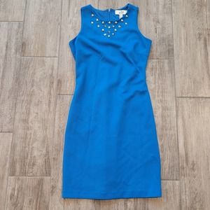 Belle Badgley Mischka Blue Sleeveless Studded Sheath Exposed Zipper Dress Size 2